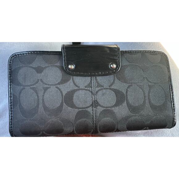 VTG Coach Black Signature Coated Canvas Leather Flap Wallet Long - Picture 4 of 7